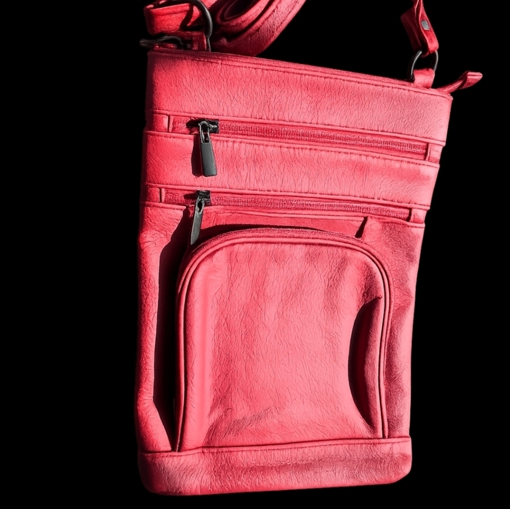 Maze Exclusive Red Leather Crossbody Bag Multiple Zip Pockets Adjustable Strap